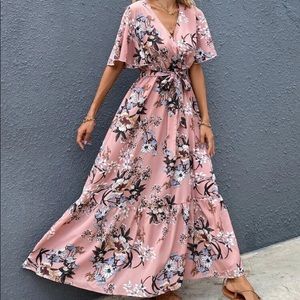 Boho floral print belted dress